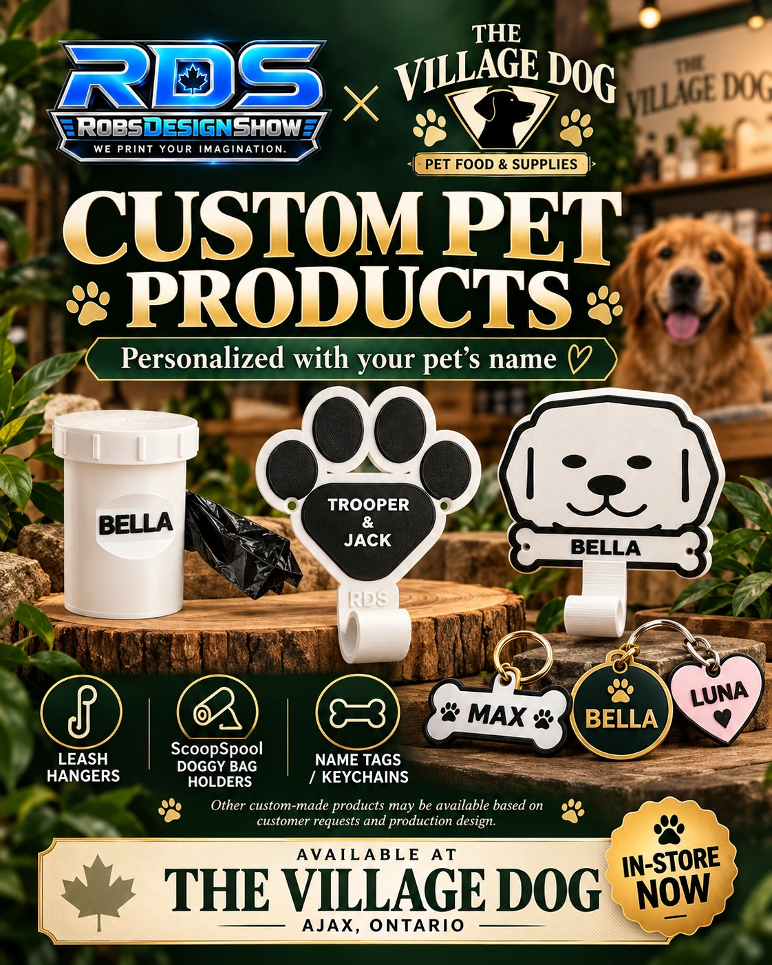 RDS and The Village Dog collaboration: personalized ScoopSpool holder, paw and dog leash hangers, name tags and keychains